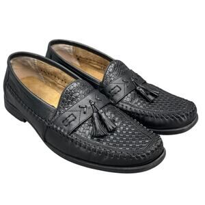 Nunn Bush Black Woven Leather Tassel Slip On Dressy Block Heel Loafer Men 11